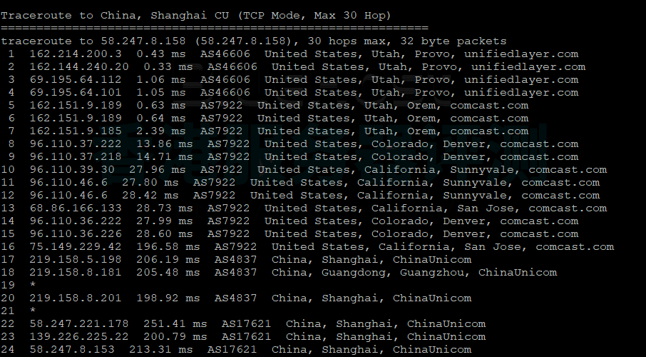 BlueHost美国服务器回程路由追踪