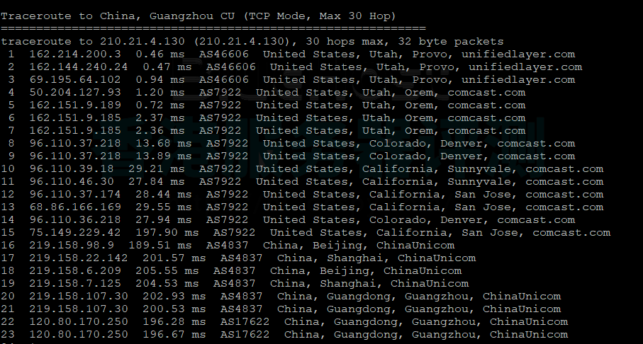 BlueHost美国服务器回程路由追踪